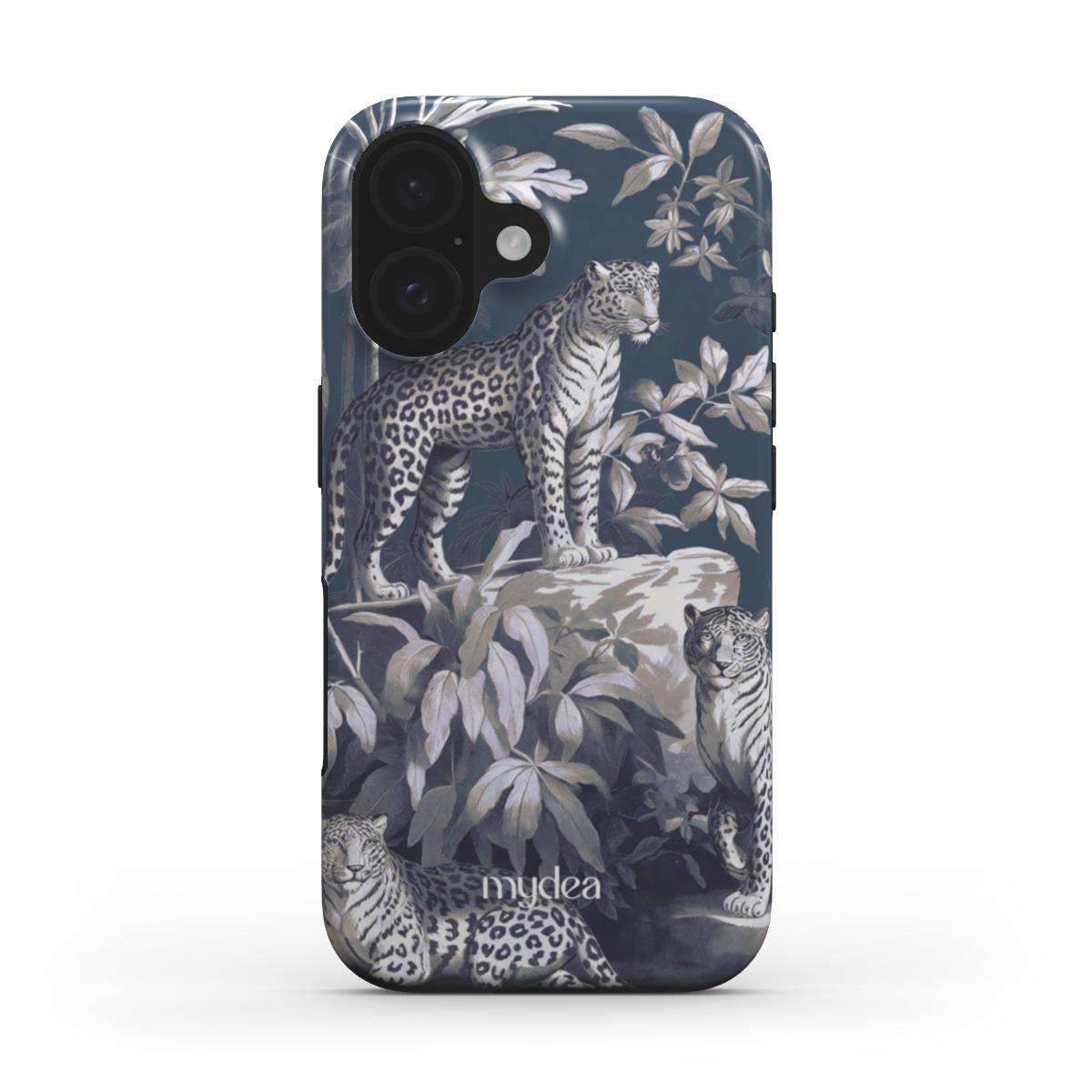 Cover Tough MagSafe con illustrazione di giaguari e foglie tropicali in stile vintage su sfondo blu e beige – look jungle chic ed elegante