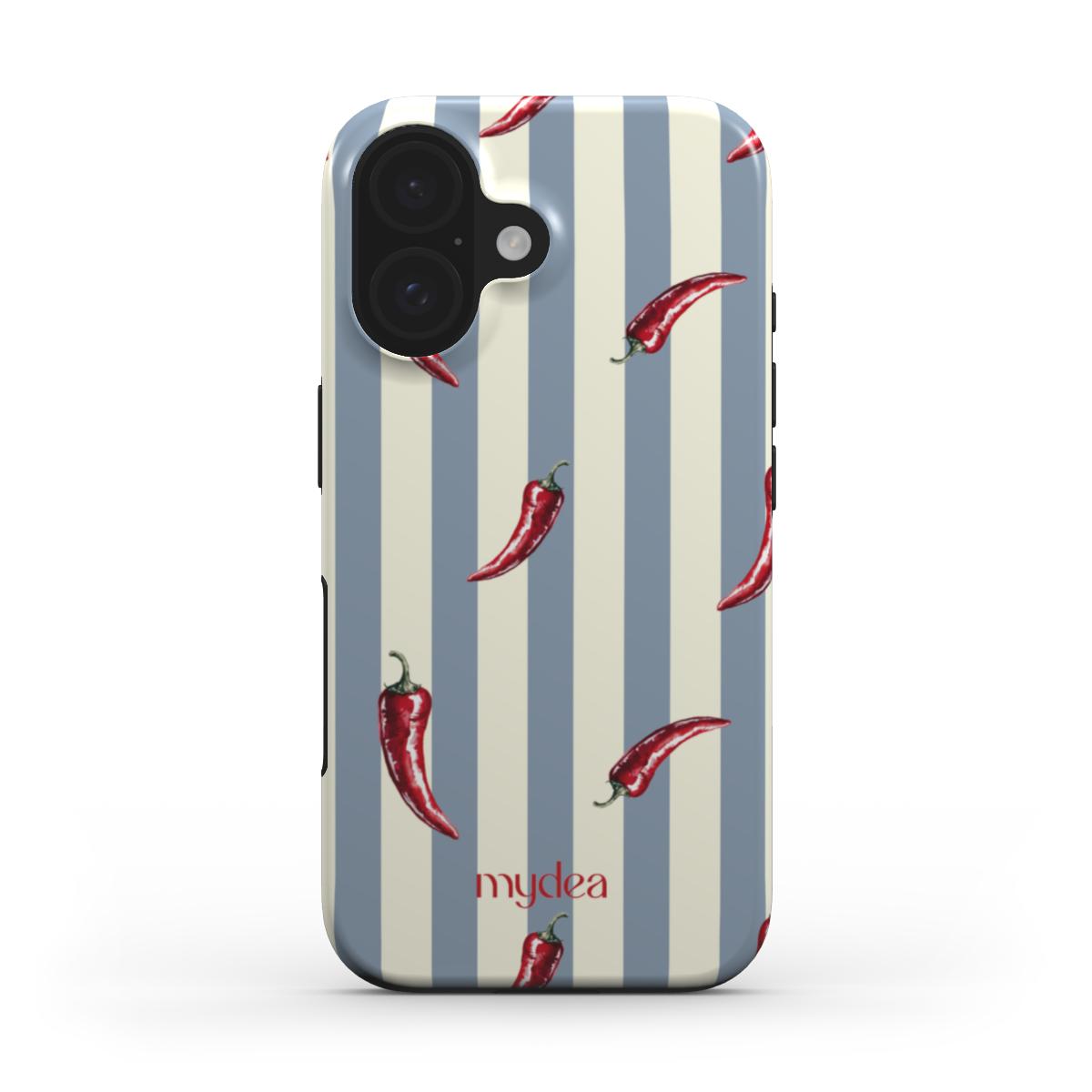 Cover Tough MagSafe con pattern di peperoncini rossi su righe verticali crema e grigio – look ironico, fresco e audace