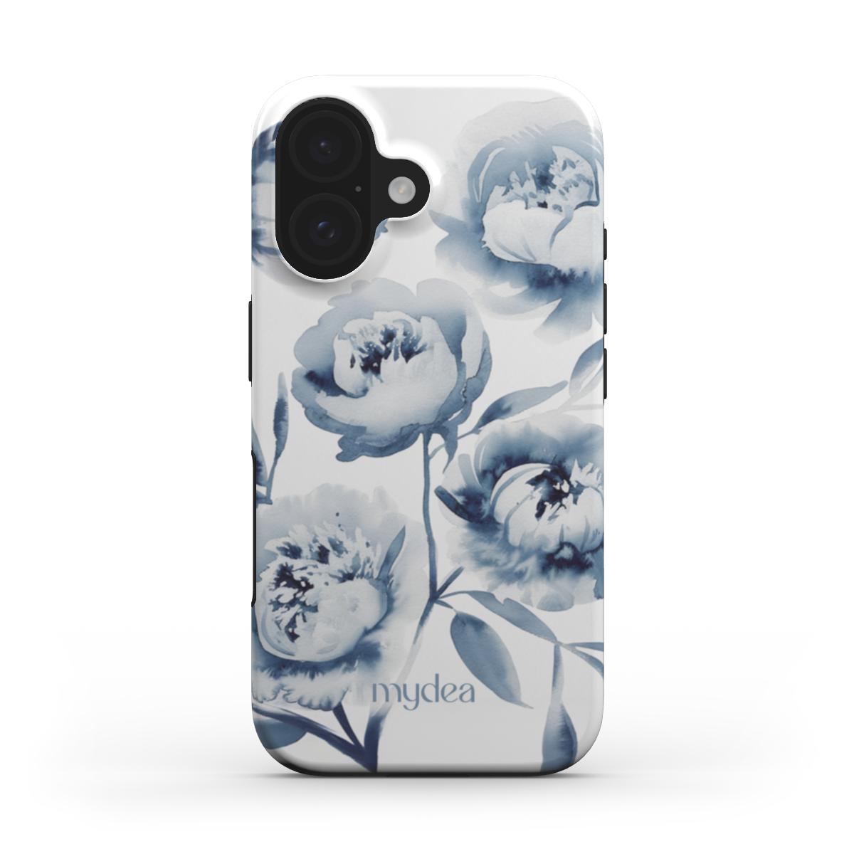 Cover Tough MagSafe con fiori blu ad acquerello su sfondo bianco, elegante e romantica con finitura lucida