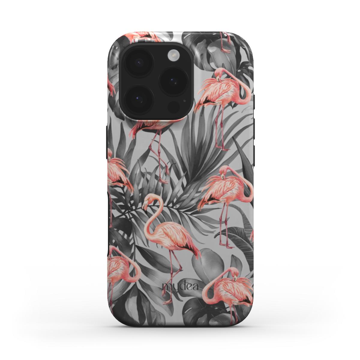 Cover Tough MagSafe con fenicotteri rosa su sfondo tropicale scuro – design audace e glamour.