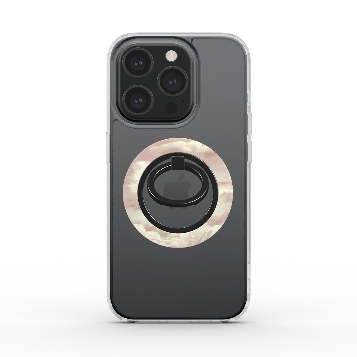 Ring holder magnetico applicato su iPhone con cover trasparente, design effetto madreperla in tonalità rosa champagne, visto da dietro su sfondo bianco.