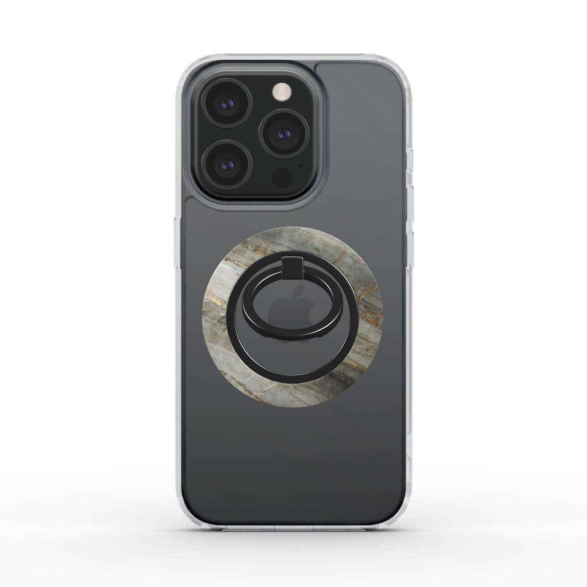 Ring holder magnetico applicato su iPhone con cover trasparente, design effetto pietra naturale nei toni grigio-verdi su sfondo bianco.
