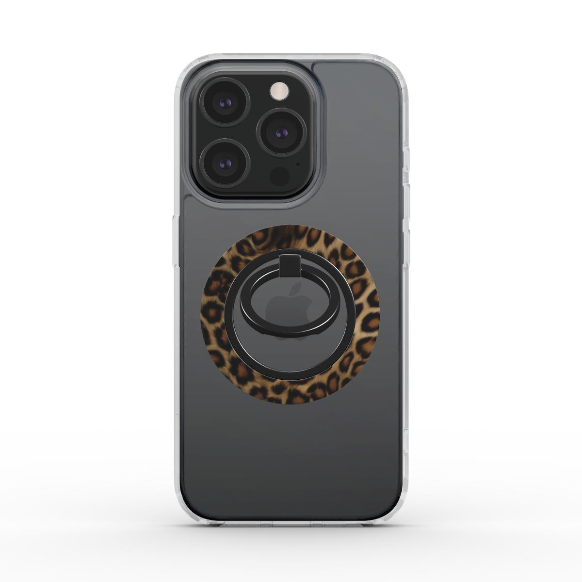 Ring holder magnetico applicato su iPhone con cover trasparente, design animalier con stampa leopardata classica, su sfondo bianco.