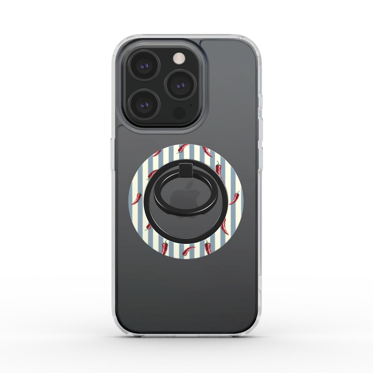 Ring holder magnetico applicato su iPhone con cover trasparente, design a righe verticali bianche e blu con dettagli rossi in stile marinaro.
