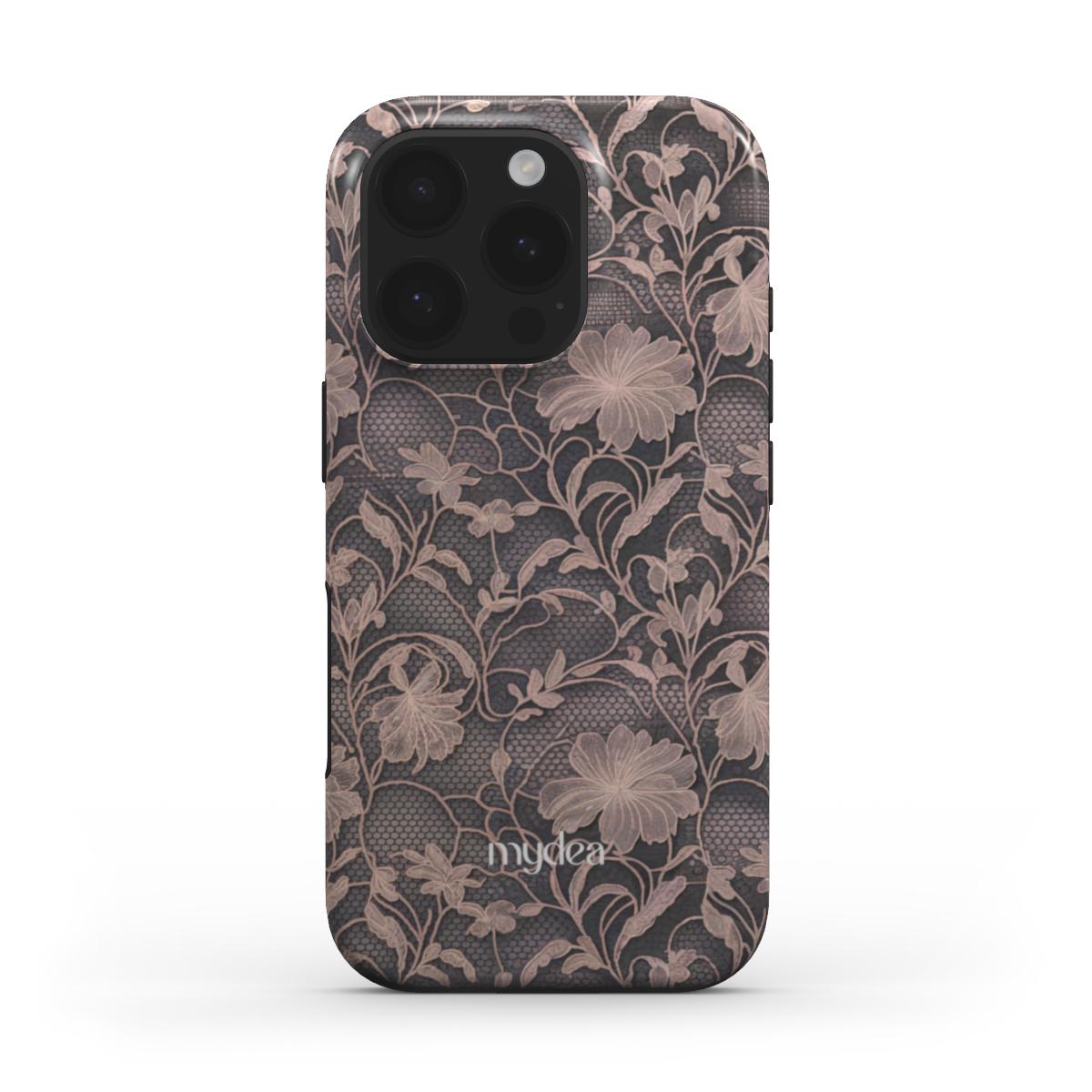 Cover Tough MagSafe con pattern floreale vintage in toni marrone e rosa cipria, elegante e retrò con finitura glossy.