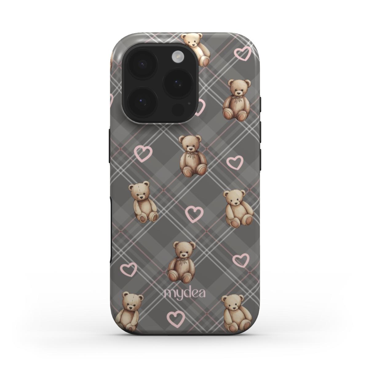 Cover Tough MagSafe con pattern orsetti e cuoricini rosa su sfondo tartan grigio – stile cute plaid, dolce e originale.