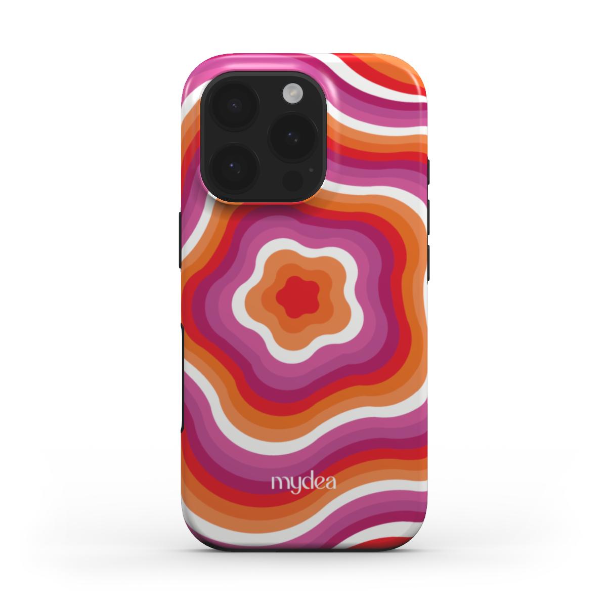 Cover MagSafe con design astratto effetto onde concentriche in toni fucsia, arancio e rosso – stile pop, brillante e moderno