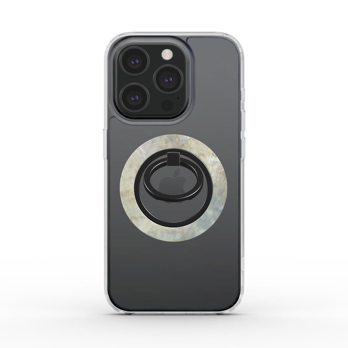 Ring holder magnetico applicato su iPhone con cover trasparente, finitura effetto madreperla in tonalità grigio perla, visto da dietro su sfondo bianco.