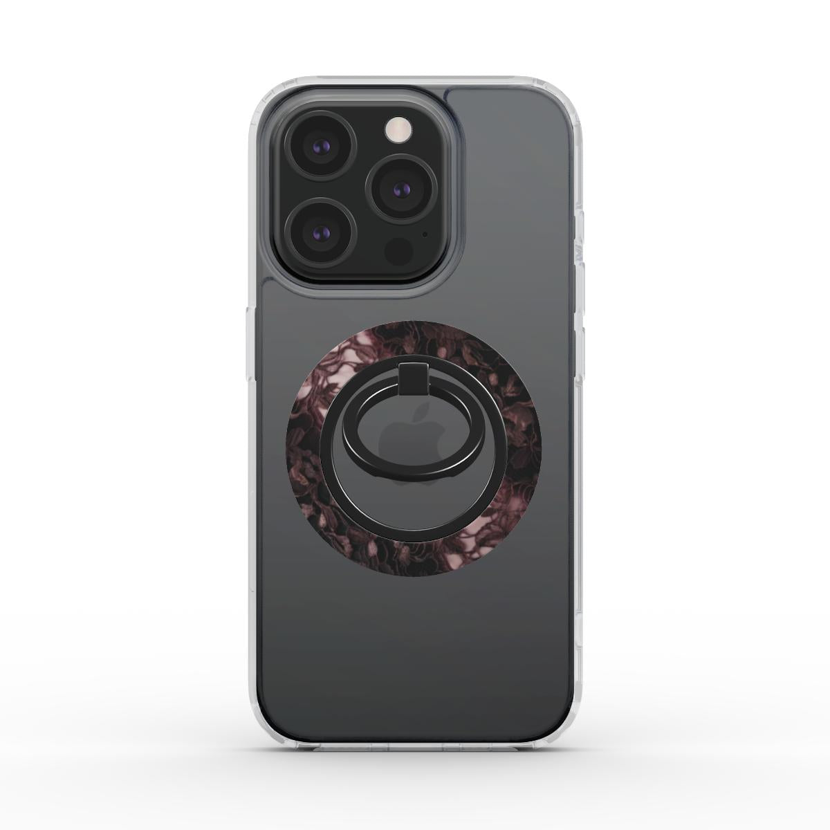 Ring holder magnetico applicato su iPhone con cover trasparente, design marmo nero e riflessi bordeaux, elegante e deciso.