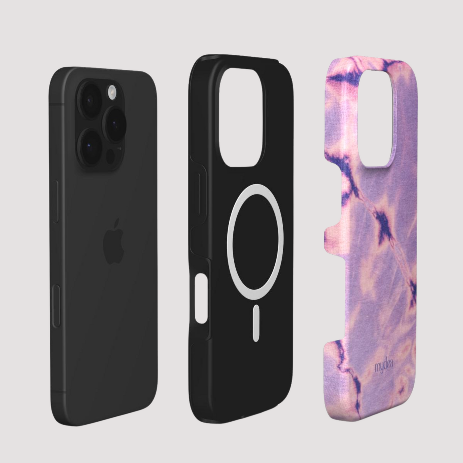 Cover Tough MagSafe per iPhone smontata in tre parti: scocca interna nera con anello MagSafe, guscio esterno con stampa viola tie-dye, e iPhone nero come esempio.