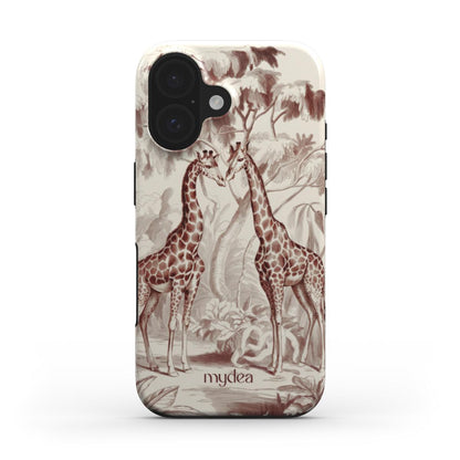 Cover Tough MagSafe con illustrazione vintage di giraffe in toni seppia su sfondo chiaro – elegante e naturalistica.