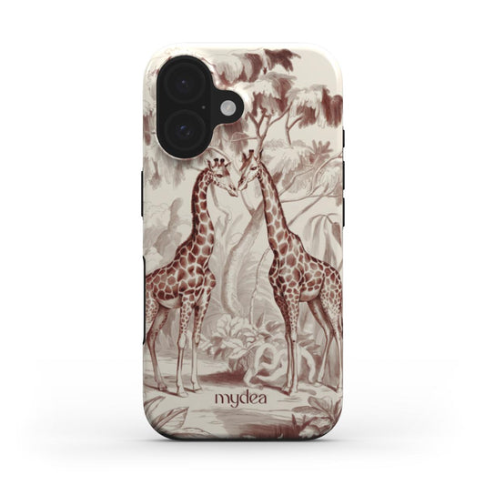 Cover Tough MagSafe con illustrazione vintage di giraffe in toni seppia su sfondo chiaro – elegante e naturalistica.
