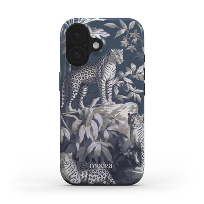 Cover Tough MagSafe con illustrazione di giaguari e foglie tropicali in stile vintage su sfondo blu e beige – look jungle chic ed elegante