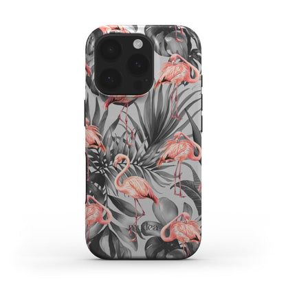 Cover Tough MagSafe con fenicotteri rosa su sfondo tropicale scuro – design audace e glamour.