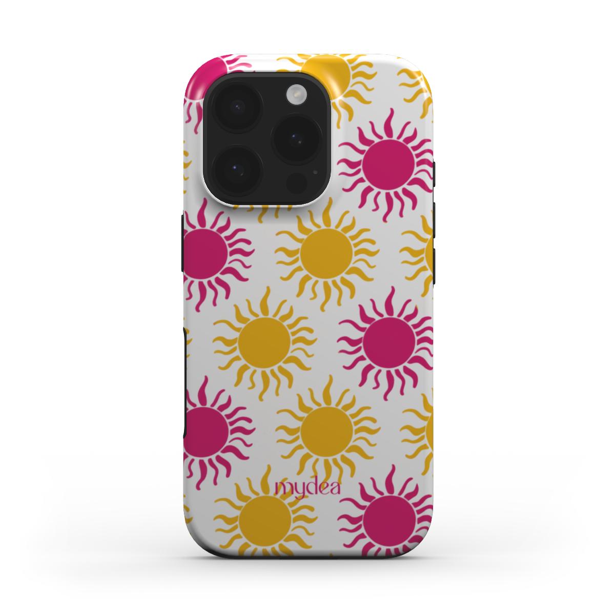 Cover Tough MagSafe con pattern di soli gialli e fucsia su sfondo bianco – design estivo vivace e colorato