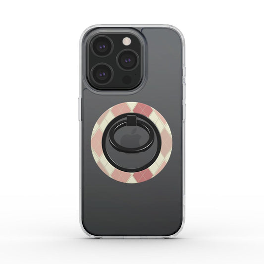 Ring holder magnetico su iPhone con cover trasparente, design geometrico beige e rosso chiaro, sfondo bianco.