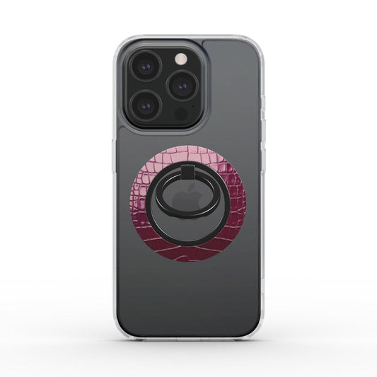 Ring holder magnetico effetto coccodrillo color bordeaux su iPhone con cover trasparente, sfondo bianco.