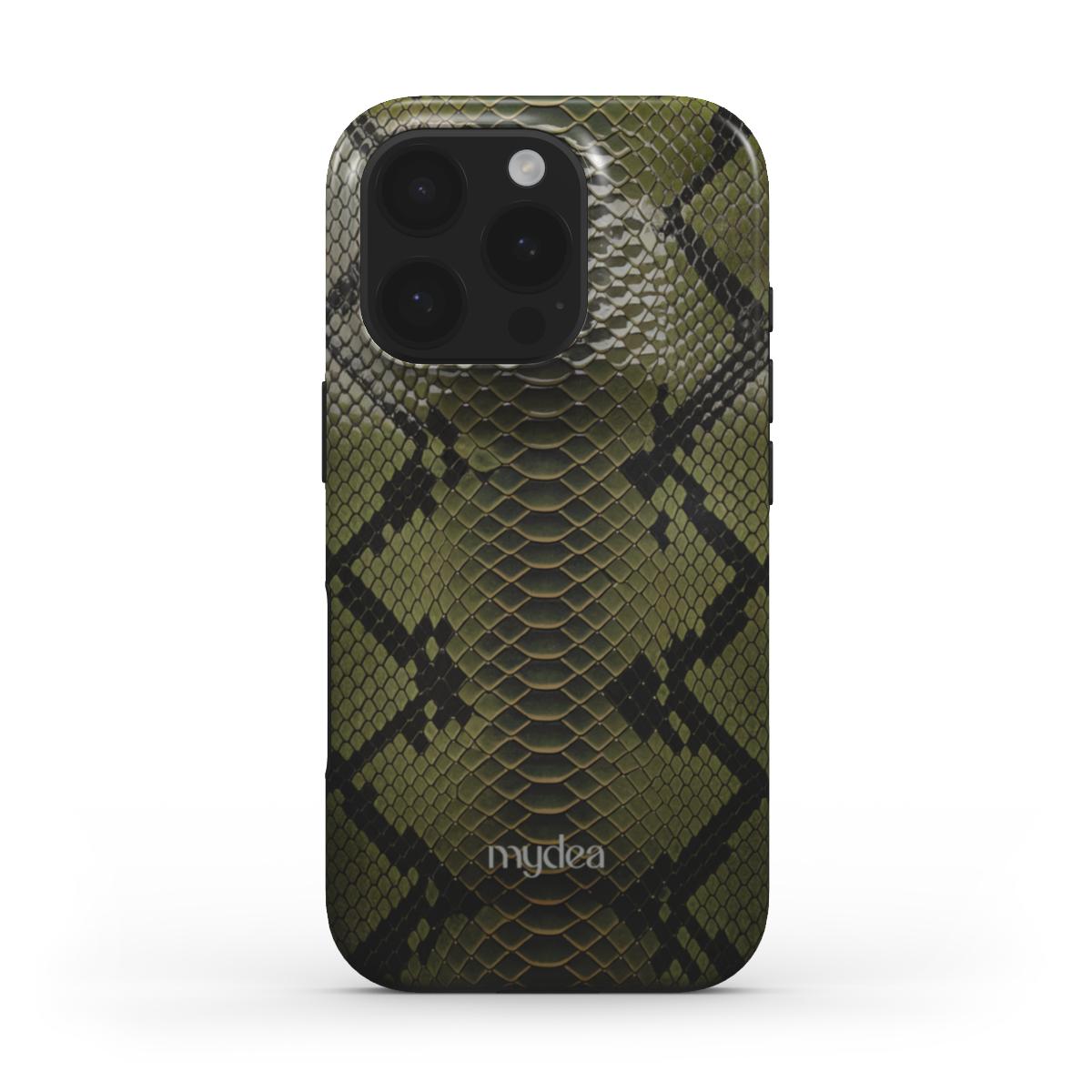 Cover Tough MagSafe con texture effetto pelle di pitone in verde oliva e nero, look grintoso e lussuoso