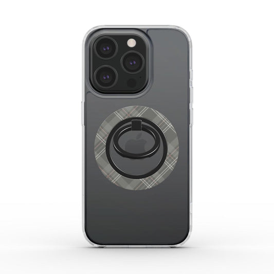 Ring holder magnetico applicato su iPhone con cover trasparente, design effetto plaid grigio elegante, visto da dietro su sfondo bianco.