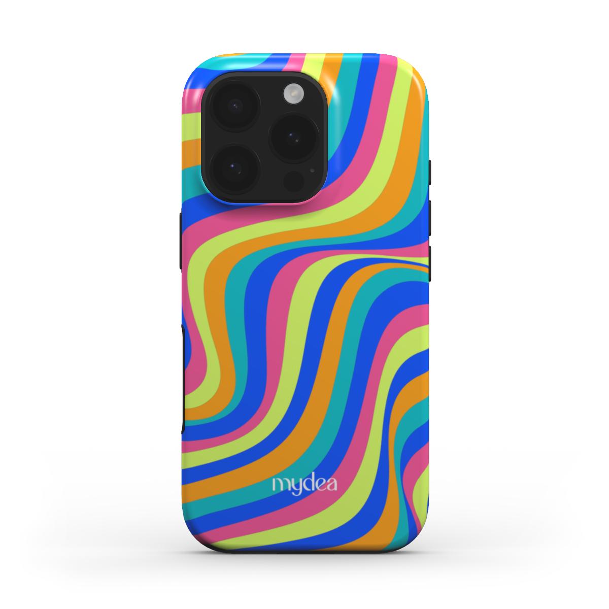 Cover MagSafe con pattern onde psichedeliche arcobaleno in stile anni '70, brillante e colorata.