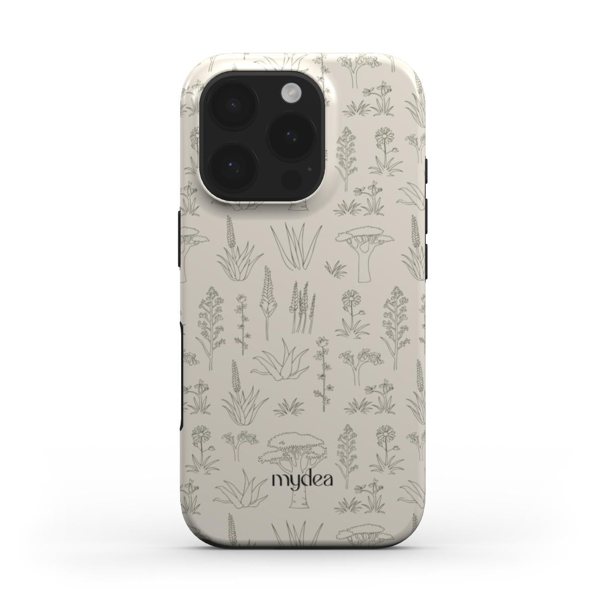 Cover Tough MagSafe con illustrazioni botaniche verdi su fondo beige – design naturale e minimal