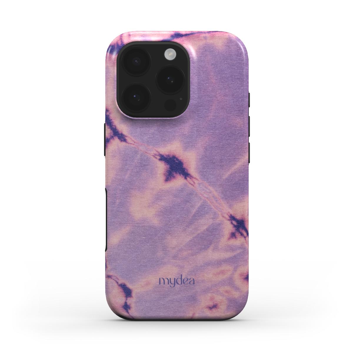 Cover Tough MagSafe con design tie-dye nei toni del rosa e lilla – effetto tramonto sfumato su sfondo tessile