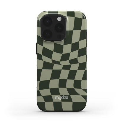 Cover Tough MagSafe con motivo a griglia optical verde oliva – design trippy geometrico retrò