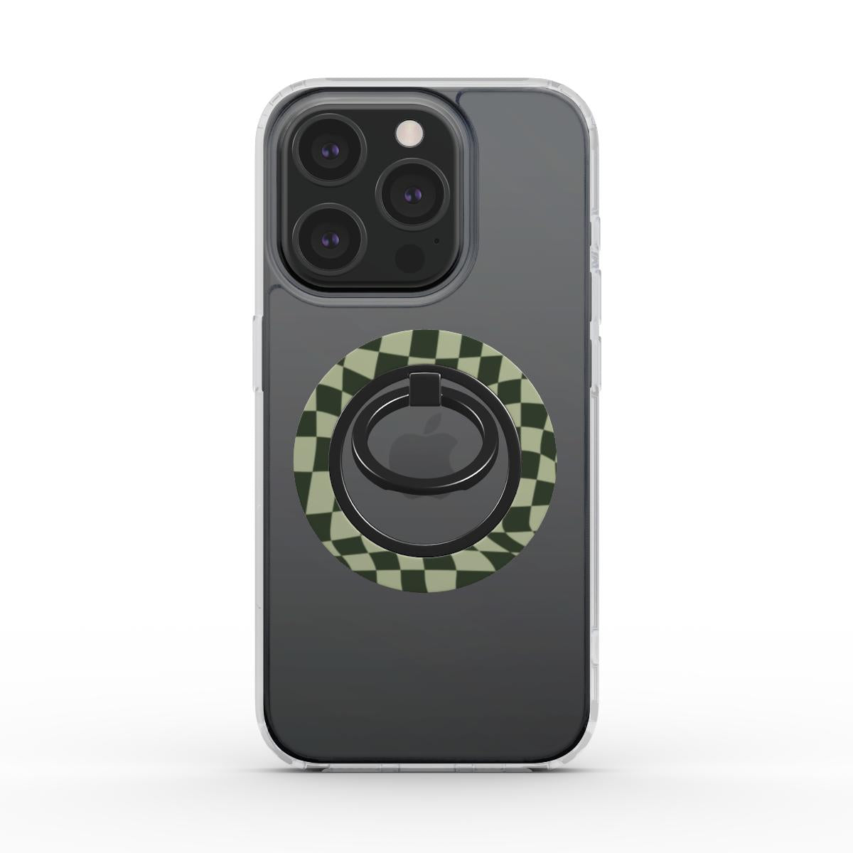 Ring holder magnetico con pattern checker verde oliva, stile street e minimal su cover trasparente.

