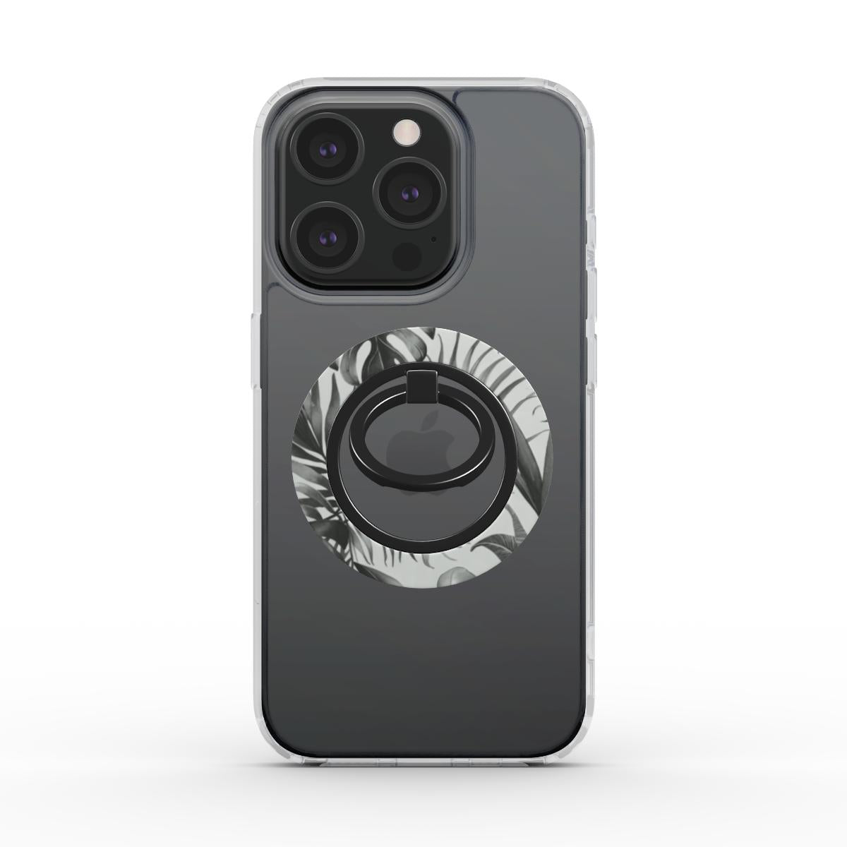 Ring holder MagSafe con design tropicale bianco e nero, elegante e grintoso, compatibile con iPhone.