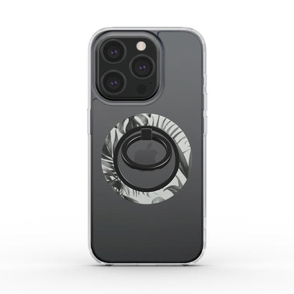 Ring holder MagSafe con design tropicale bianco e nero, elegante e grintoso, compatibile con iPhone.